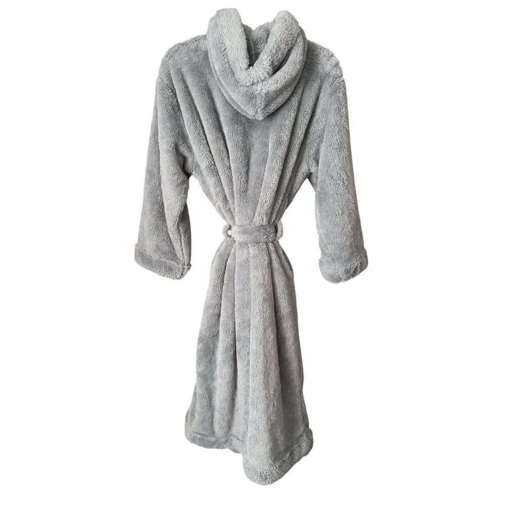 Pottery Barn Fireside Cozy Plush Robe Cloud Blue Hood Pockets Bath Medium